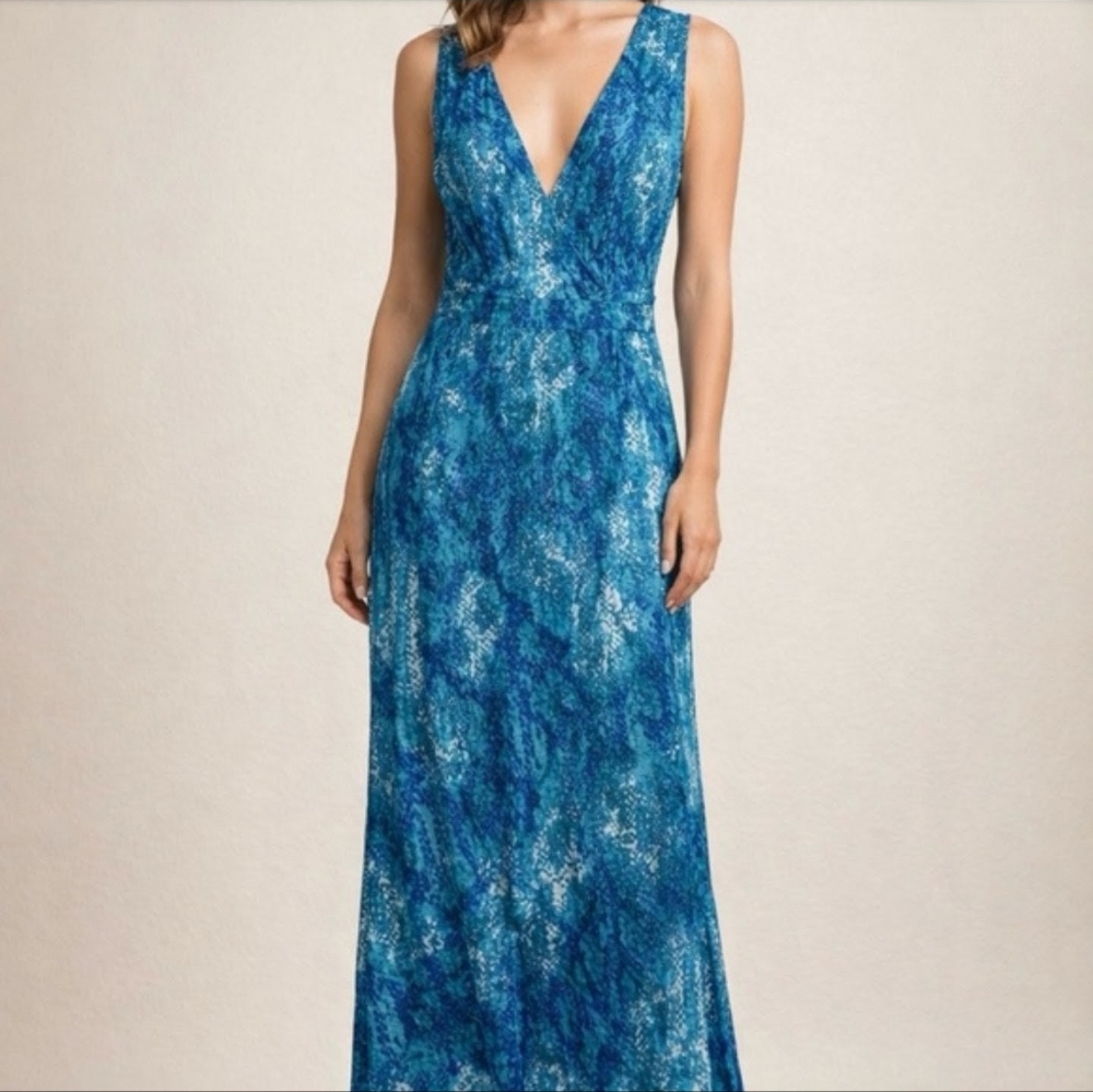 TART Blue/Turquoise Snake Print High/Low Hem Maxi Dress; Likely Size L